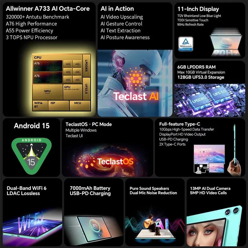 【New】 android 15 Teclast P50 AI Tablet 11 "90Hz ekran AllWinner A733-AI Octa-Core 6GB 128GB LPDDR5 Wifi-6 bateria 7000mAh