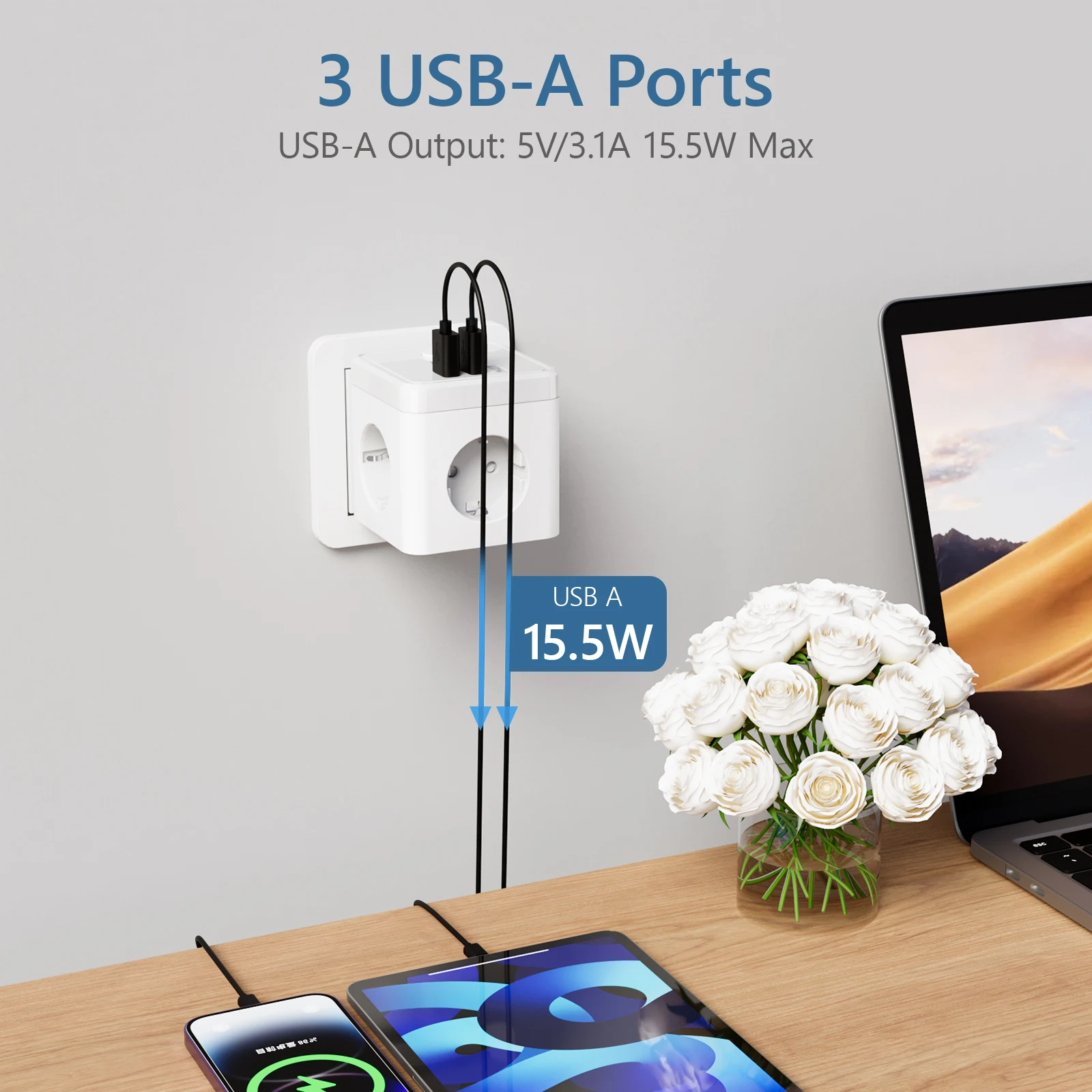 Extensor de tomada de parede com 3 tomadas ac, 3 portas usb 6 em 1, carregador de tomada ue, interruptor elétrico liga/desliga para tomada de tira de energia doméstica