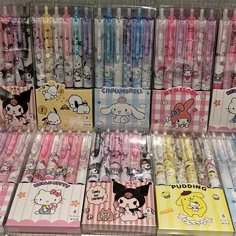 6 uds Sanrio bolígrafo de Gel dibujos animados Kawaii Hello Kitty Kuromi papelería de oficina bolígrafo de escritura 0,5 negro