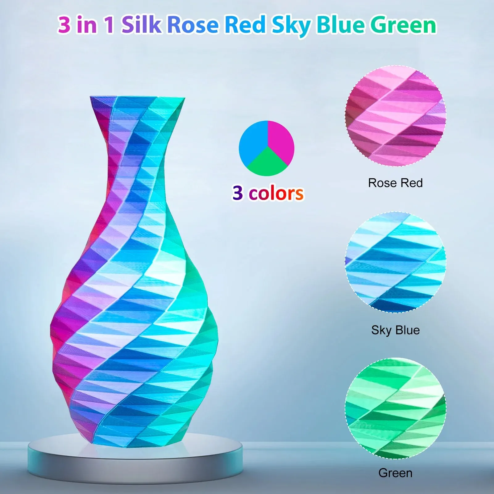 Zijde PLA 3D-printerfilament 1,75 mm Drievoudige kleuren Zijde PLA-filament 3D-printfilament 250 g 3 in1 Kleur Roze Rood Hemelsblauw Groen