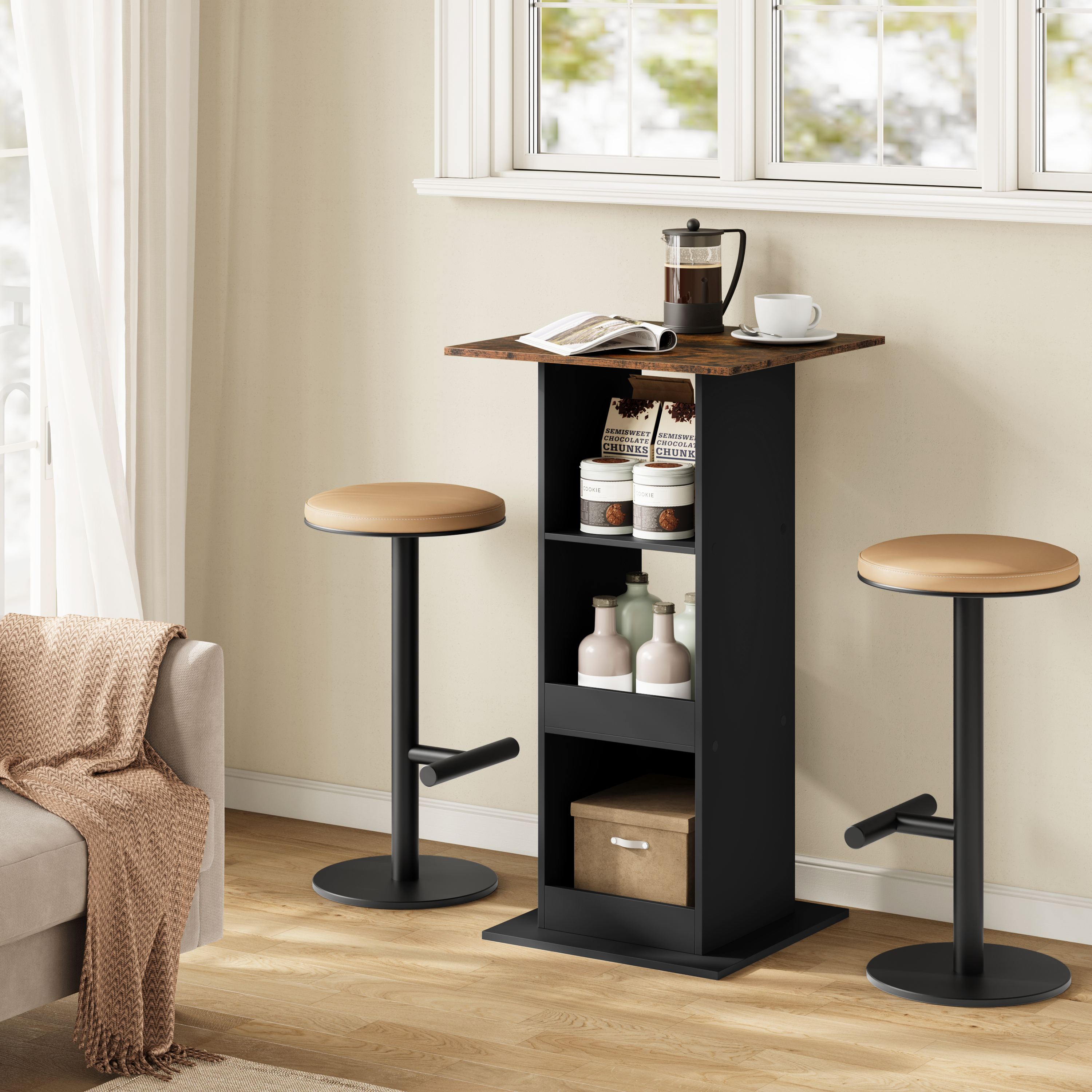 Mesa de bar de madera WOLTU, mesa de bistró marrón rústica con 3 estantes, mesa de mostrador cuadrada para cocina, comedor, altura del hogar, 112 cm