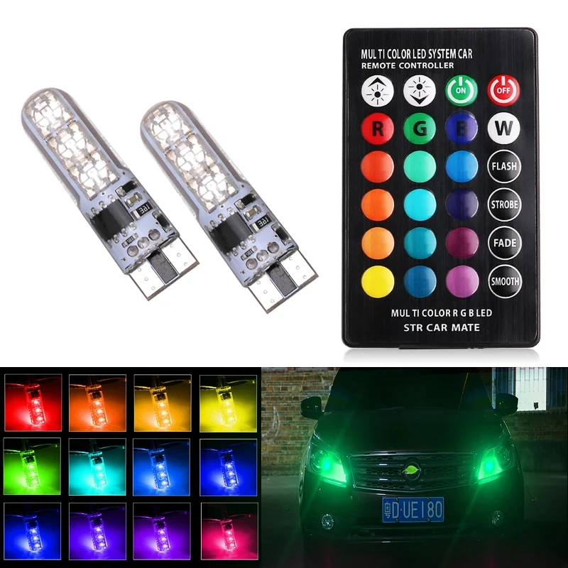 2x T10 impermeabile W5w 501 lampadina laterale per cuneo per auto-6SMD 5050 RGB 7 colori LED telecomando (senza batteria) lampada a cuneo flash stroboscopico