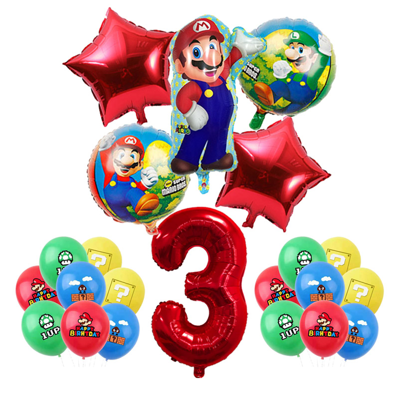 Decoración de fiesta de cumpleaños de Mario para niños, globos de papel de aluminio, vajilla desechable, telón de fondo, suministros para eventos de aniversario