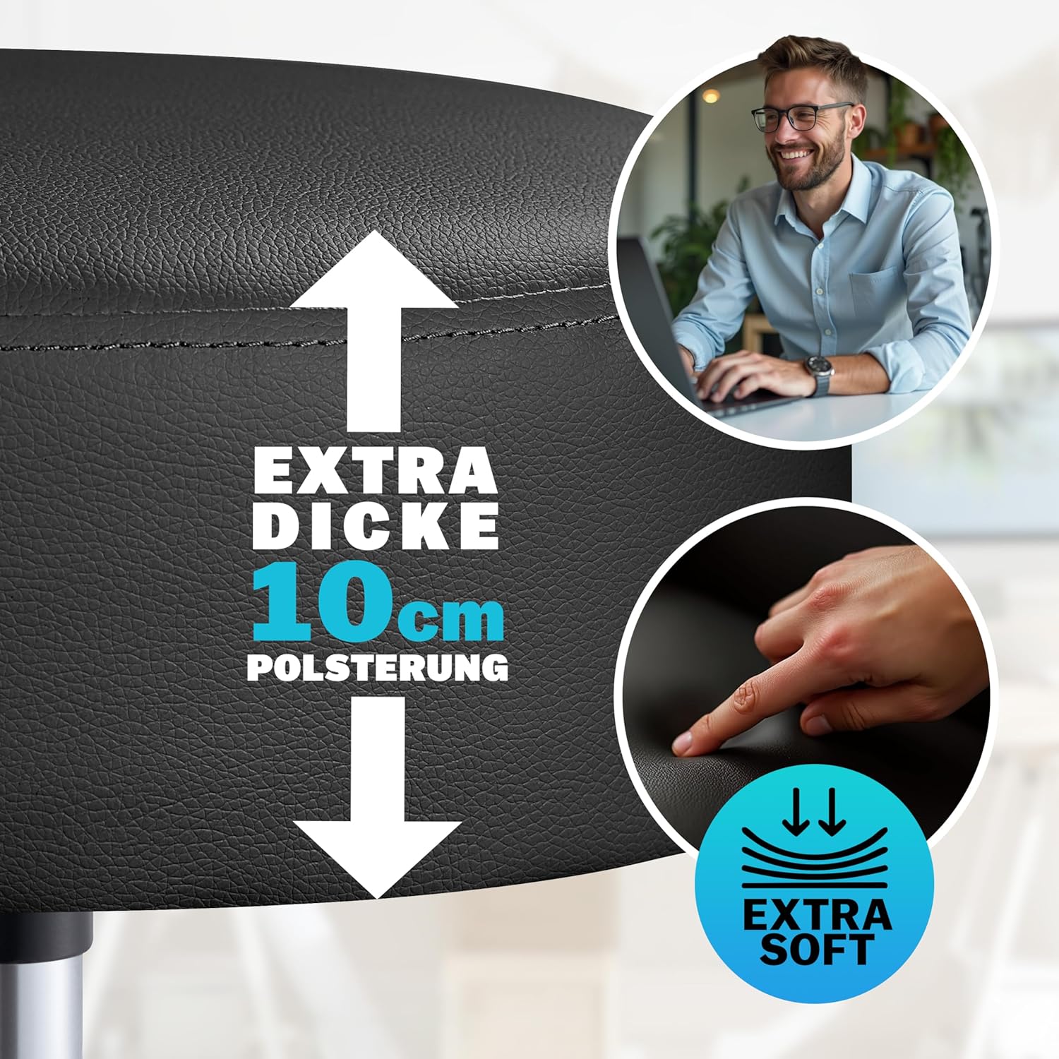 Taburete con Ruedas Respaldo Altura Ajustable 46-60cm 360o Asiento 10 cm Negro