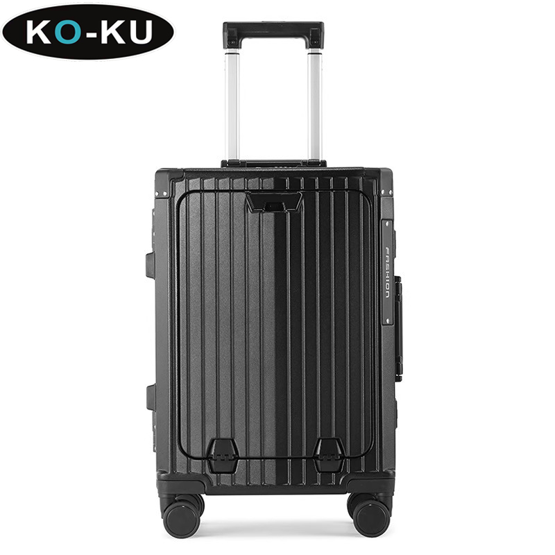 KO-KU Aluminium Frame Trolley Case Front Open Cover Multifunction Business Travel Suitcase Cup Holder USB Port 20'' Boarding Box