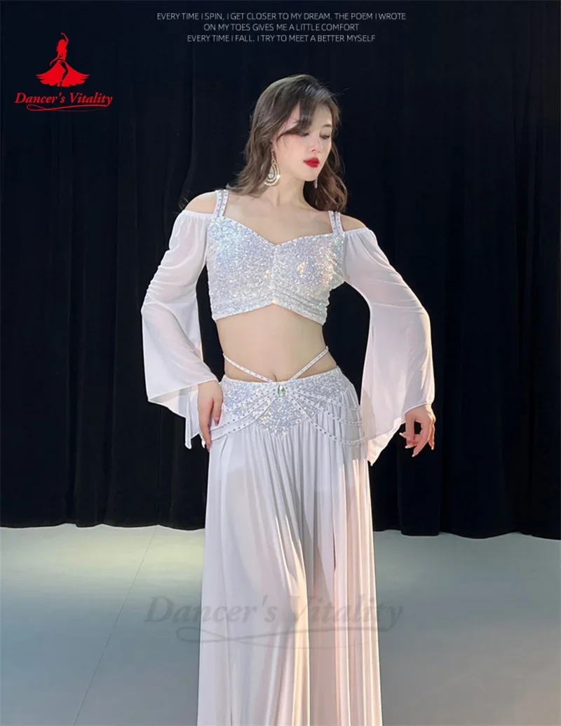 ベリーダンス衣装セット女性用メッシュ長袖トップ + ガーゼロングスカート 2 個トレーニングセットオリエンタルベリーダンスウェア衣装