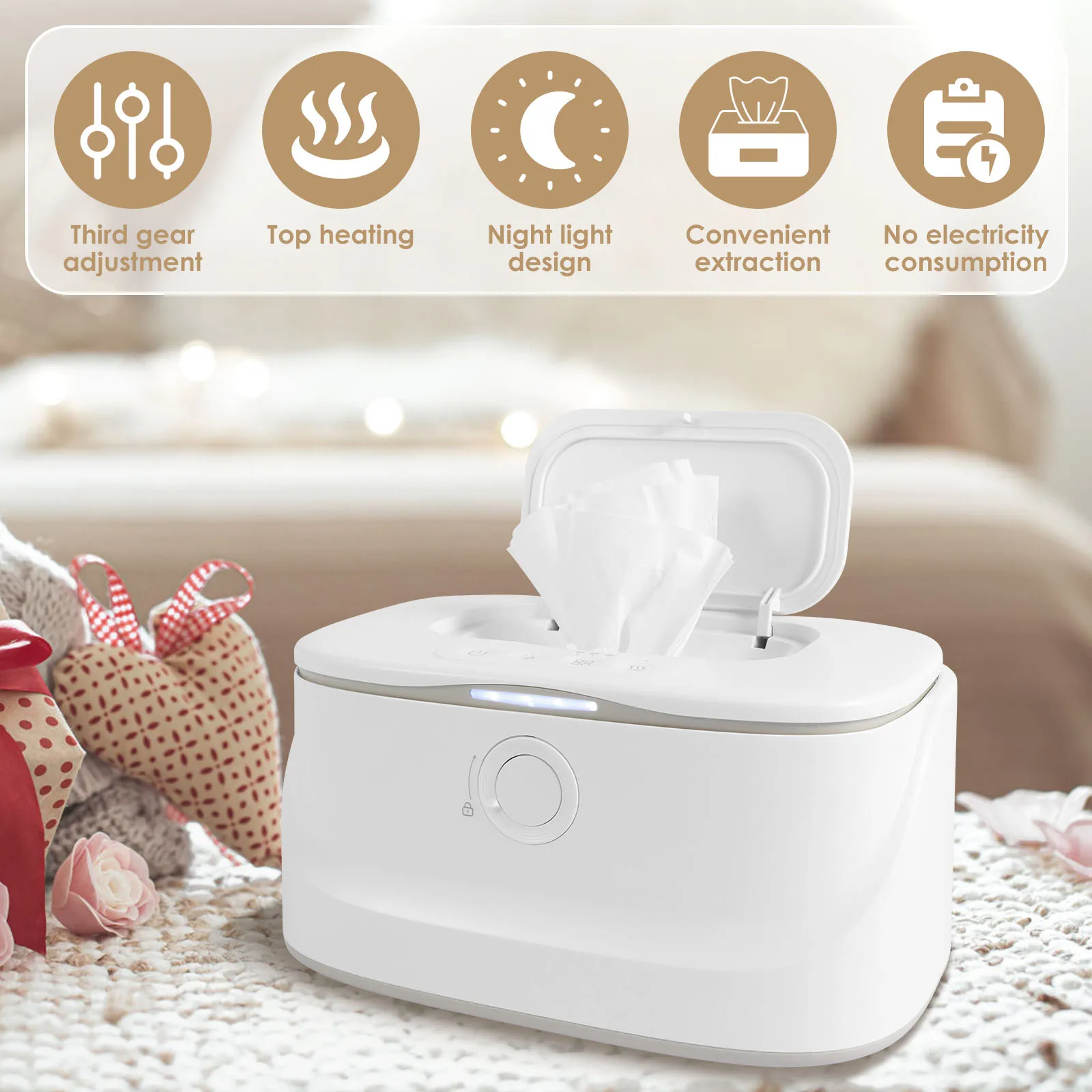 Podgrzewacz do chusteczek USB dla niemowląt LED Light Utrzymuj ciepło Pudełko z regulacją temperatury Ogrzewanie Dozownik pieluszek Przenośny o dużej pojemności
