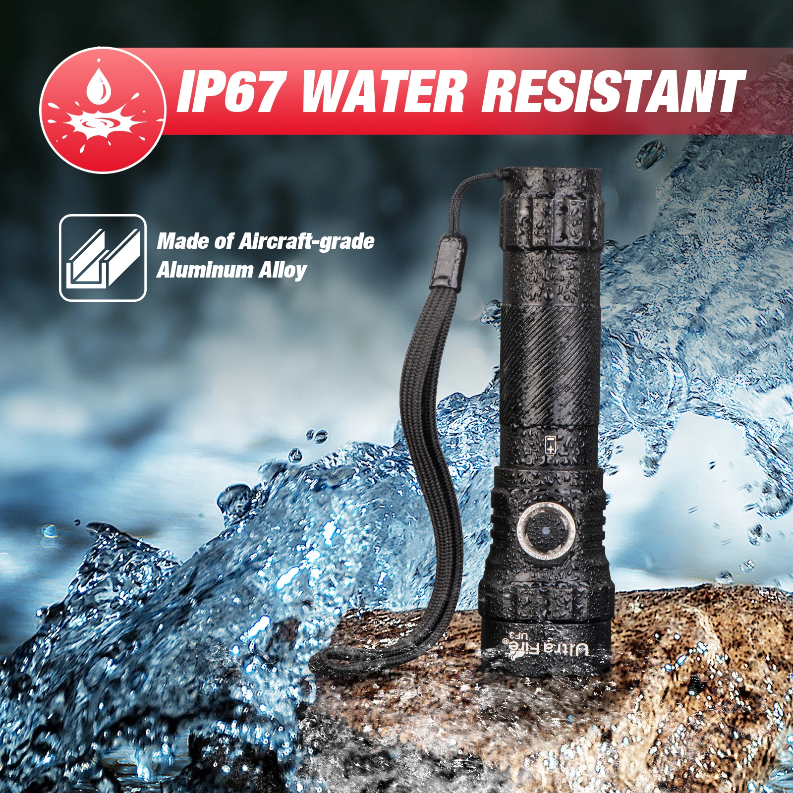 UltraFire UF3 Tactical Flashlight 3 Modes 1200LM Powerful Police Flashlight with Belt Holster 21700 USB C Rechargeable LED Lamp