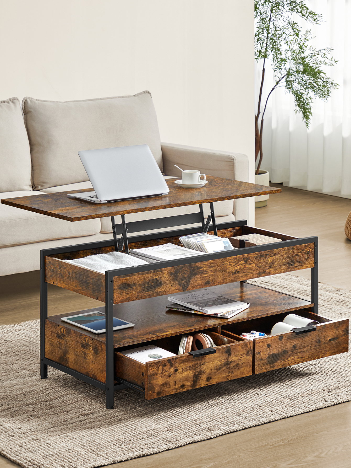 Mesa de centro elevable VASAGLE: cajones de almacenamiento, compartimentos ocultos, estante abierto. Gris carbón/tinta negra. Ideal para la sala de estar.