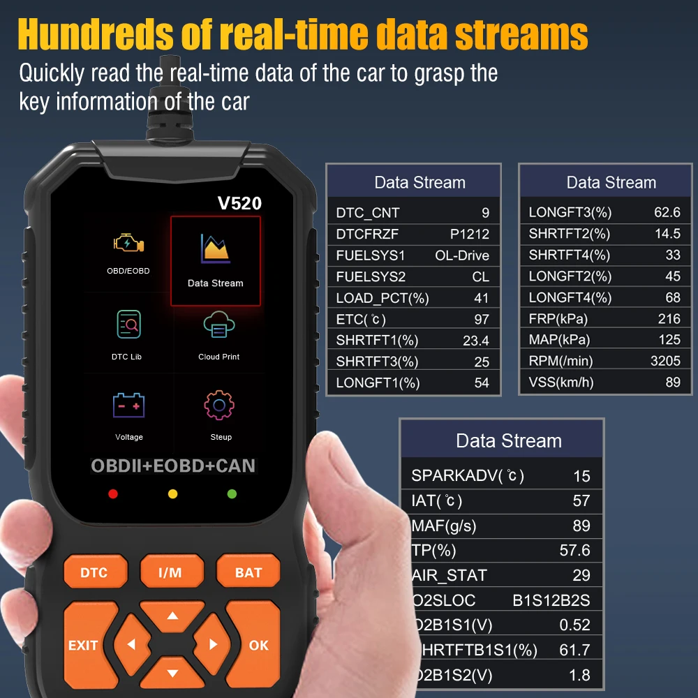 V520 obd2 scanner sistema de verificação automática do motor obdii eobd pode ferramenta de diagnóstico leitor de código automotivo com impressão em nuvem