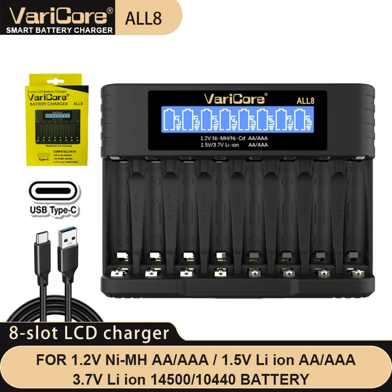 VariCore-cargador de batería inteligente portátil, 2-12 ranuras, para litio 3,7 V, 18650, 26650, 21700, 18500, 18350, 1,2 V, NI-MH, ni-cd, AA AAA
