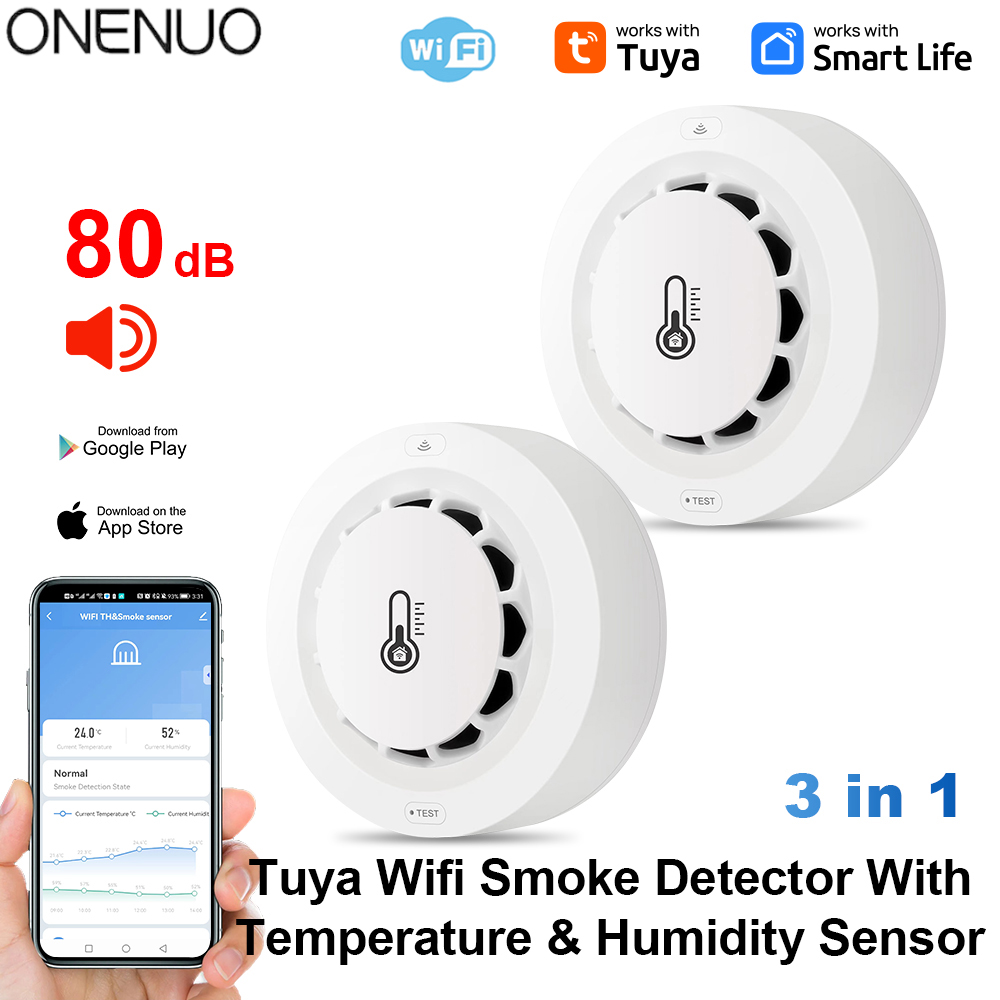 Tuya Wifi BT Two Connection Smoke Detector Temperature Humidity Measurement Device 80dB Sound Alarm Remote Push Alert Function