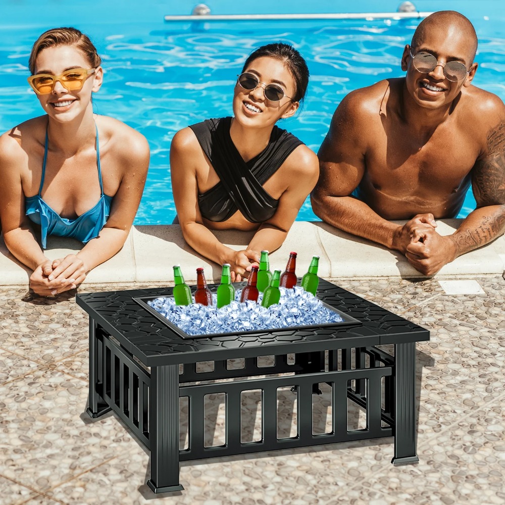 32 Inch Fire Pit Table Wood Burning Square Metal Fire Pit for Outdoor, Backyard BBQ with Mesh Cover, Poker and Lid, Black