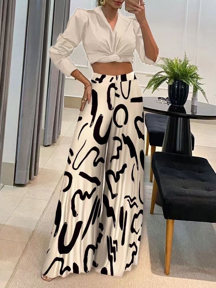 Moda feminina impressa calças soltas, perna larga elegante e roupas de cintura elástica, romance outono 2023 pantalones de mujer