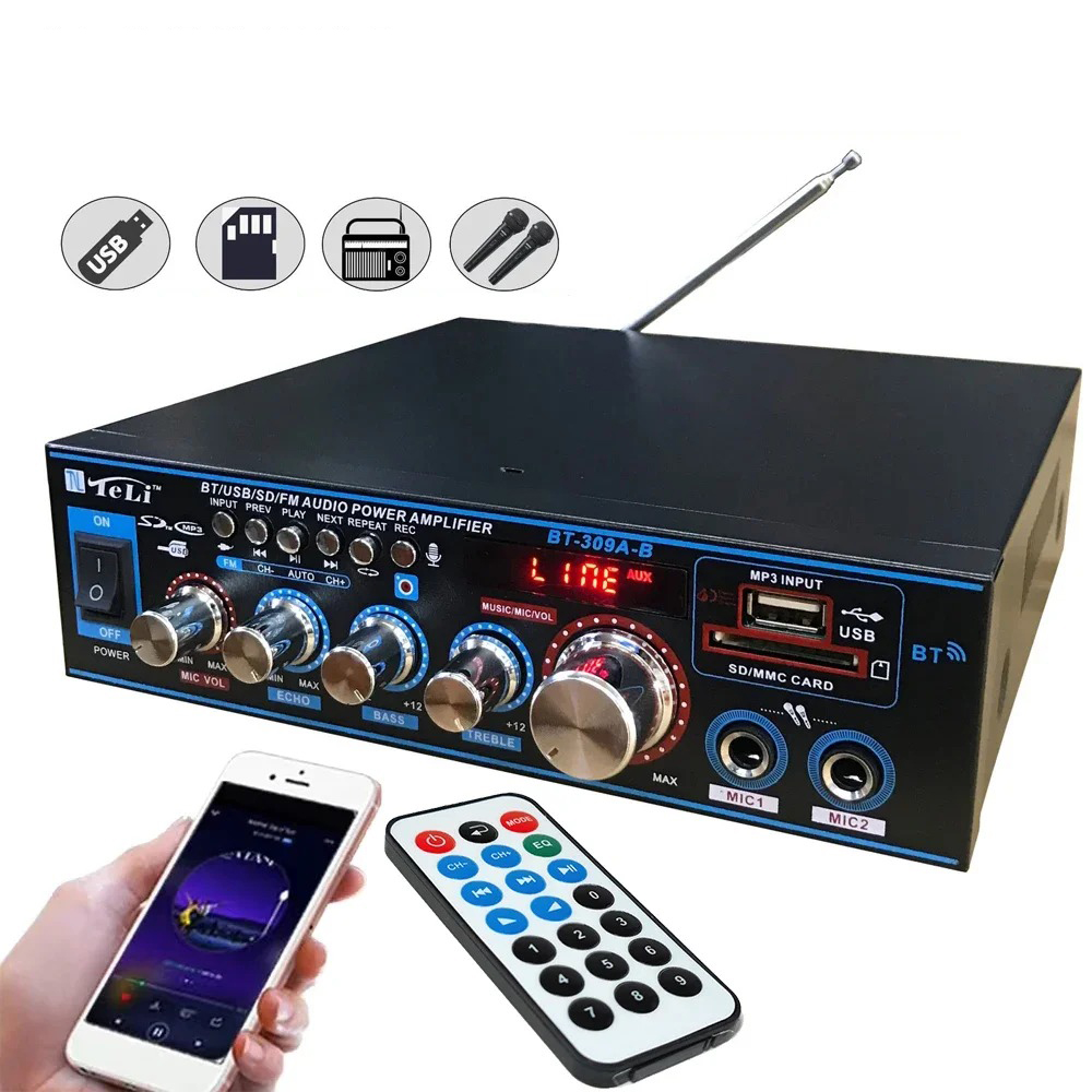 BT-309A-B Mini-Audioverstärker 35 W x 2/Bluetooth USB SD FM AUX Mikroeingang mit Echo/DC12V/AC220V Leistungsverstärker