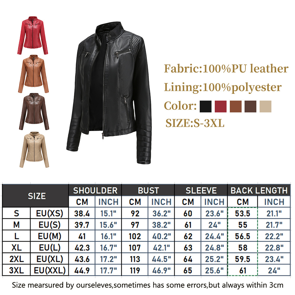 เสื้อแจ็คเก็ตหนังคอวีสีแดงสดใสผู้หญิง, เสื้อโค้ท PU แฟชั่นบาง, แจ๊กเก็ตสั้นสีดําเอเชียขนาด XS S M L XL XXL