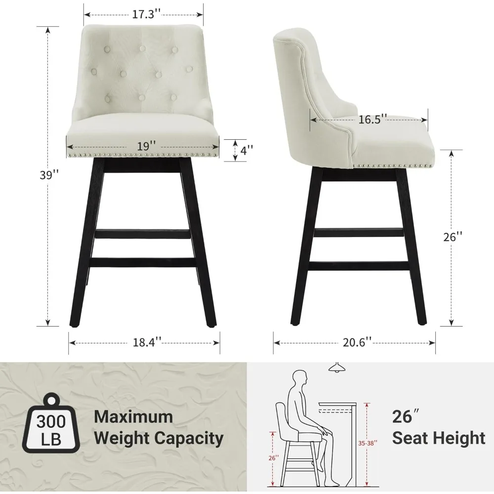 Swivel Bar Stools Counter Height, 26" Upholstered Swivel Counter Stools with Back Set of 4, Modern Kitchen Island Stools with