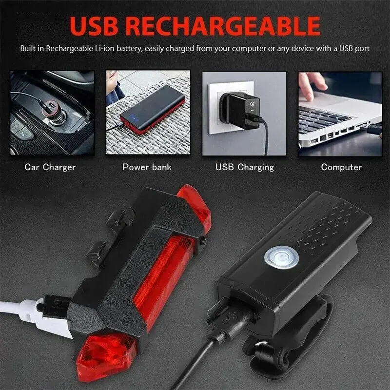 ไฟหน้าจักรยาน MTB ไฟ LED USB ชาร์จได้กันน้ำไฟหน้าจักรยานเสือภูเขาไฟเตือนความปลอดภัยอุปกรณ์จักรยาน
