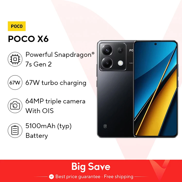 Versión Global POCO X6 5G NFC Snapdragon 7s Gen 2 Smartphone 120Hz Flujo Pantalla AMOLED Cámara de 64MP con OIS 67W Carga 5100mAh