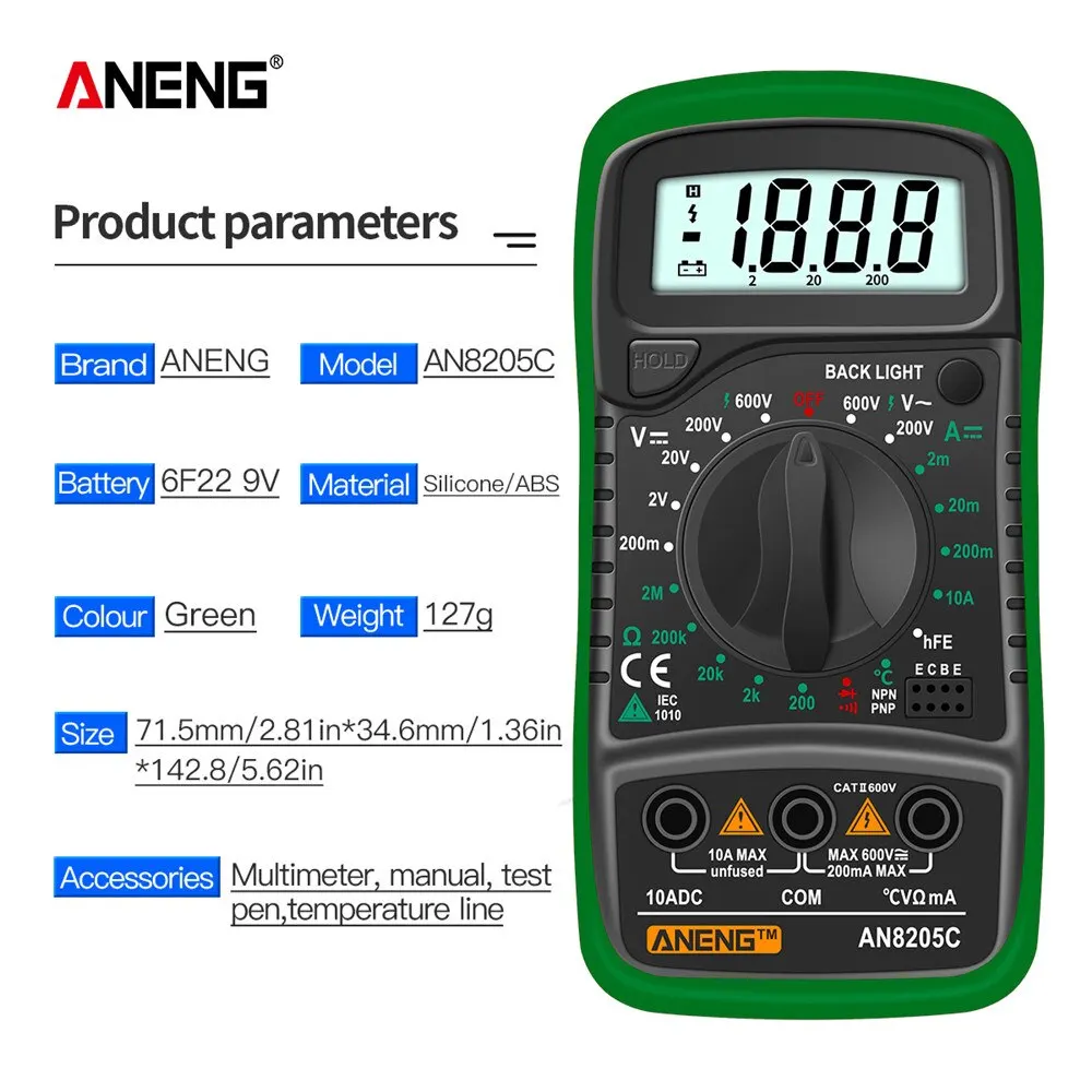 Aneng AN8205C ดิจิตอลมัลติมิเตอร์ ac/dc ammeter โวลต์โอห์มมัลติเมโทรเครื่องทดสอบพร้อมไฟแบ็คไลท์ LCD แบบพกพา