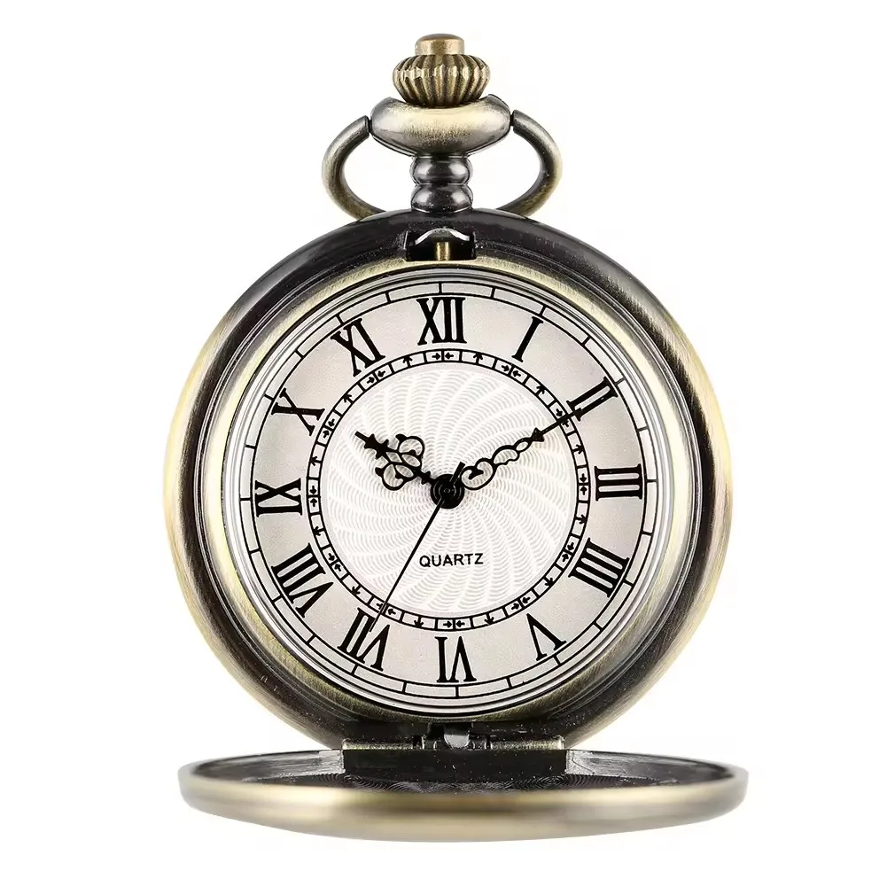 Reloj de bolsillo Vintage Steampunk con colgante de corona y escudo de ratán Floral tallado con cadena para regalo de hombre
