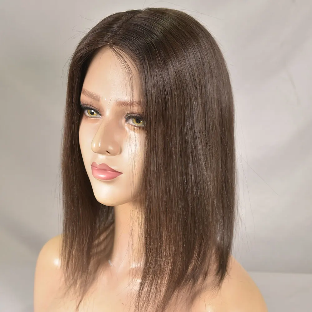 MONO ลูกไม้ Toppers ผมสําหรับผู้หญิง 4x6 TOP ผมชิ้น 100% มนุษย์ผมสีน้ําตาลสีคลิปในส่วนขยายไม่มี Bangs