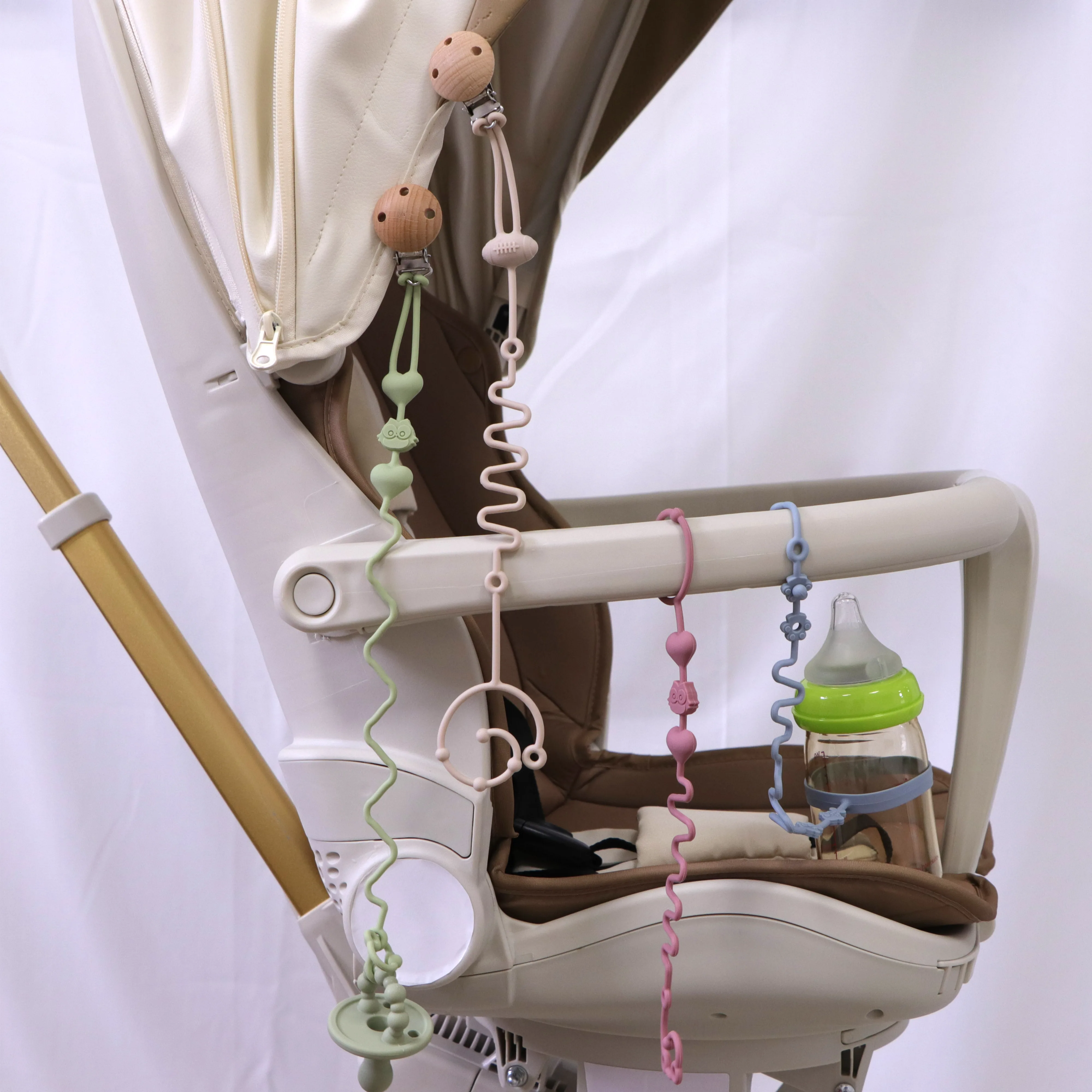 4 ชิ้นซิลิโคน Pacifier Chain, ของเล่นยางกัด, เหมาะสําหรับเก้าอี้สูง, เปล, ของขวัญเด็ก, สีเบจ