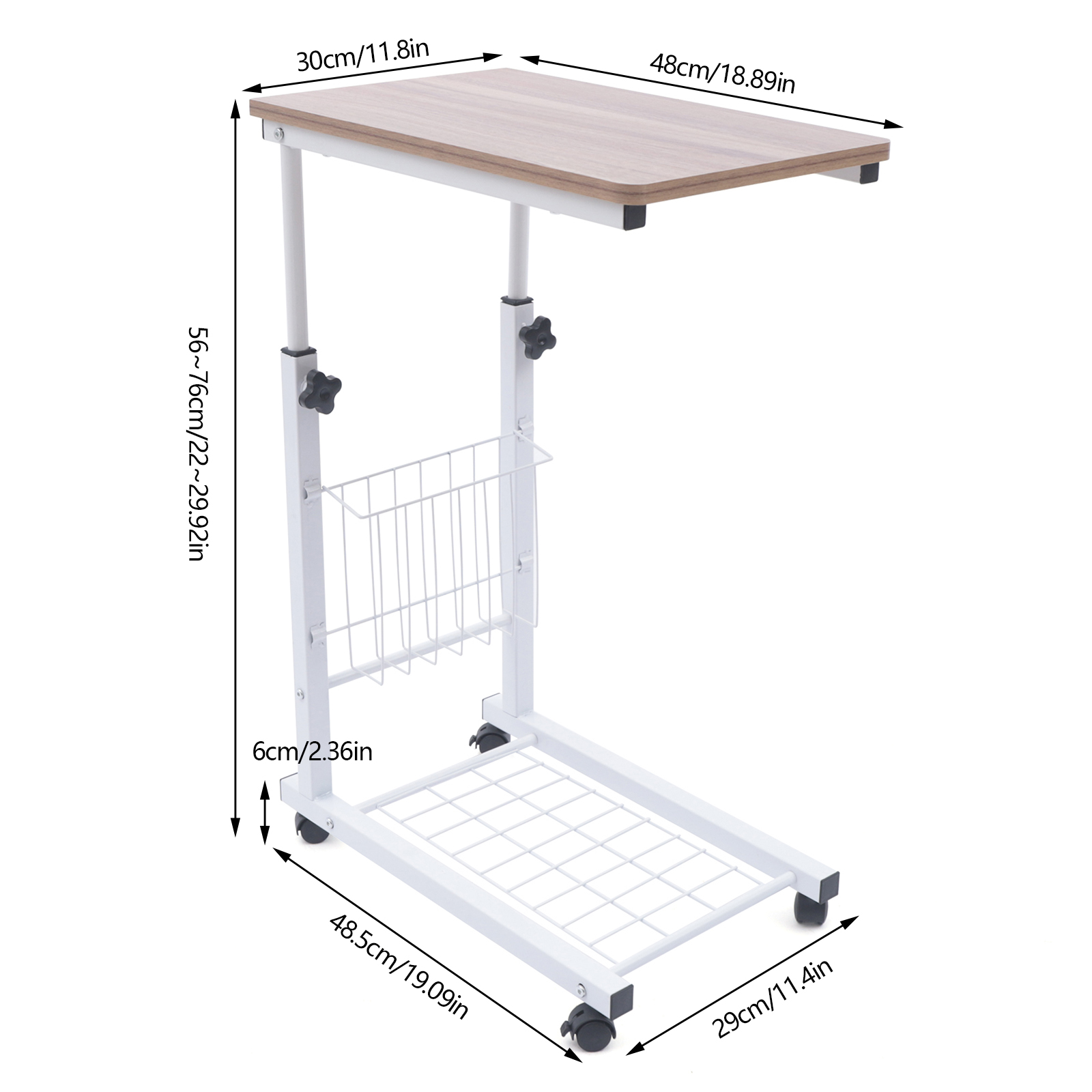 Versatile Adjustable Side Table: Height-Adjustable, Rolling Wheels, and Storage Basket for Home, Office, or Small Spaces