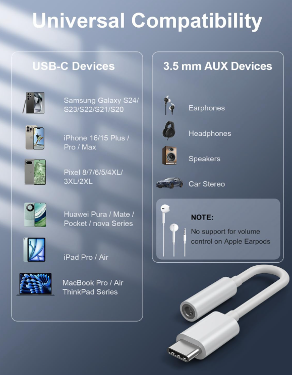 USB-C to 3.5mm Audio Headphone Adapter - HiFi 2 Pack Compatible with Apple iPhone 17 16 15 SamsungType C to Cord Jack Dongle Ada