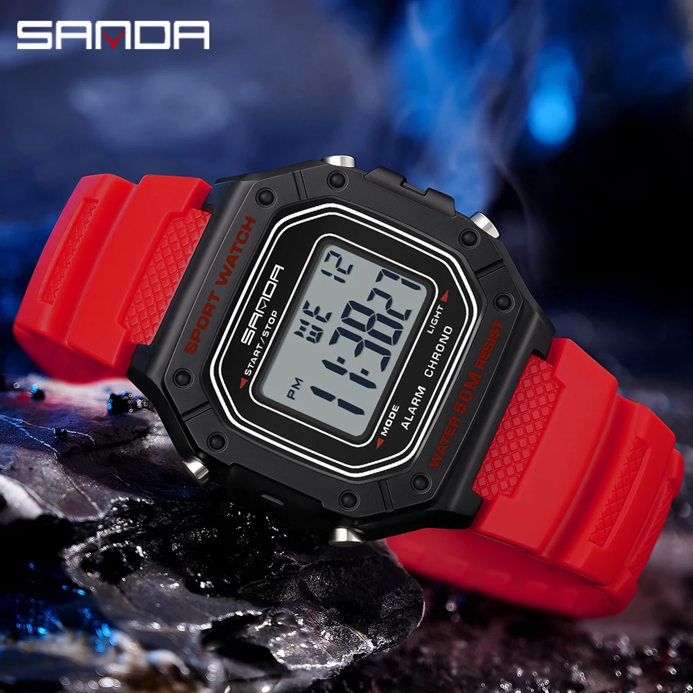 SANDA 2156 นาฬิกาผู้ชายรุ่นใหม่อิเล็กทรอนิกส์ดิจิตอลสี่เหลี่ยมผืนผ้าจอแสดงผล LED Dial กีฬากลางแจ้งกันน้ํานาฬิกาข้อมือชาย