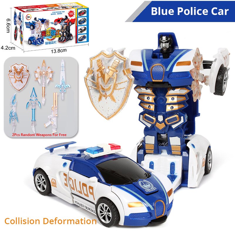 Colisão das crianças azuis deformação polícia carro brinquedo menino inércia impacto um botão deformação carro