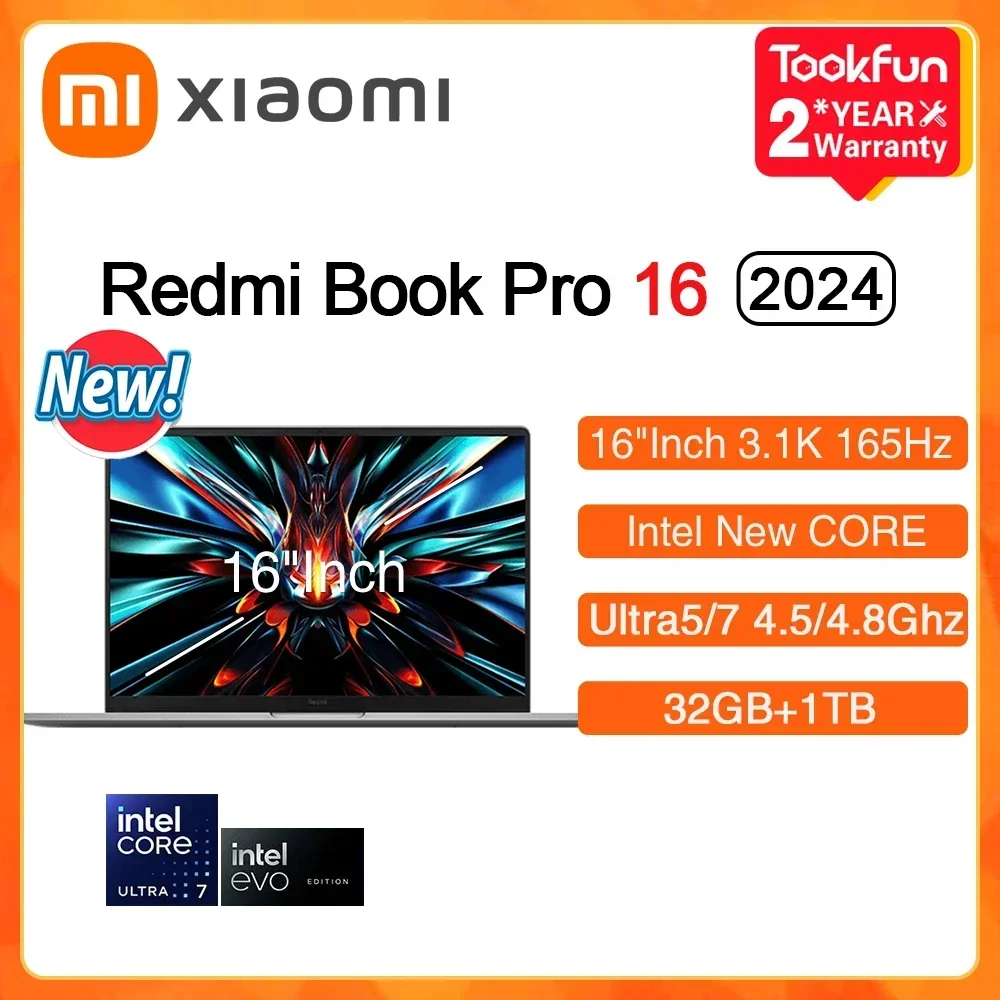 New! For Redmi Book Pro 16 2024 Laptop Intel Ultra5 125H 7 155H RAM 32GB SSD 1TB 16"Inch 3.1K 165Hz Notebook Ultrabook Comput