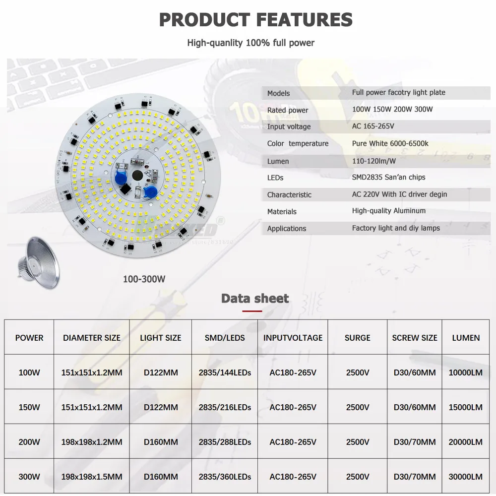 AC220V LED High Bay Light Plate 100W 150W 200W 300WFull Power Smart IC Driver SMD2835Doide Source Panel For Factory Lamp Replace