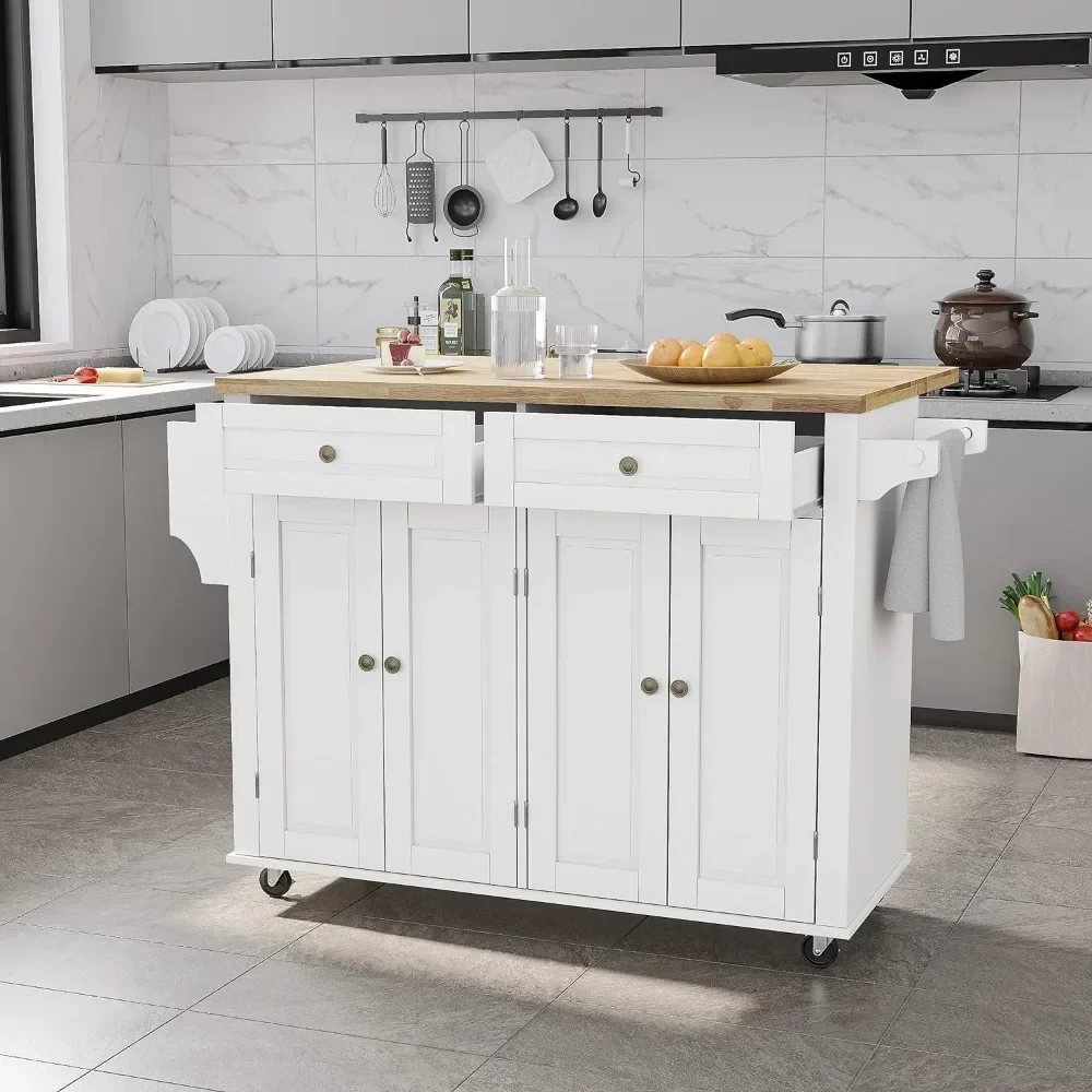 Kitchen Cart with Wood Top and Drop Leaf Breakfast Bar, Rolling Mobile Kitchen Island Table on Wheels with Drawer