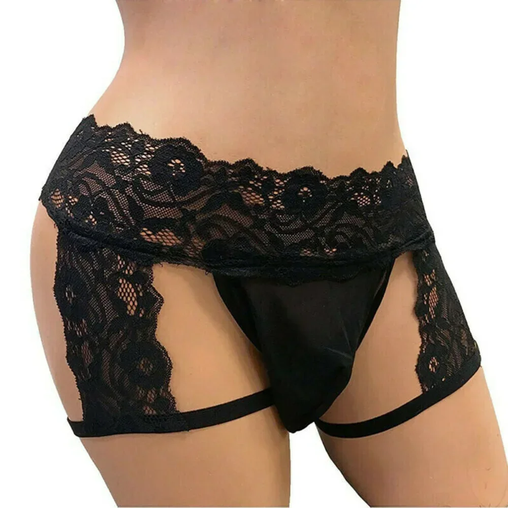 Ropa interior Sexy Sissy para hombre, tangas de encaje, bolsa mejorada, calzoncillos de Bikini, ropa interior para hombre, encaje Sexy de cuero de tres puntos