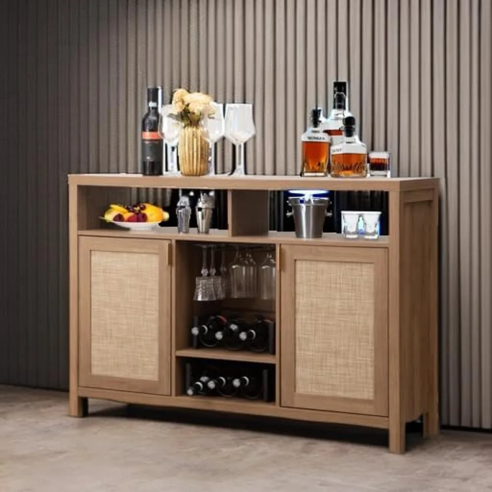 Coffee Bar Cabinet, 51" Rattan Sideboard Buffet Cabinet with Storage, Boho Farmhouse Liquor Cabinet with Wine Racks Credenza