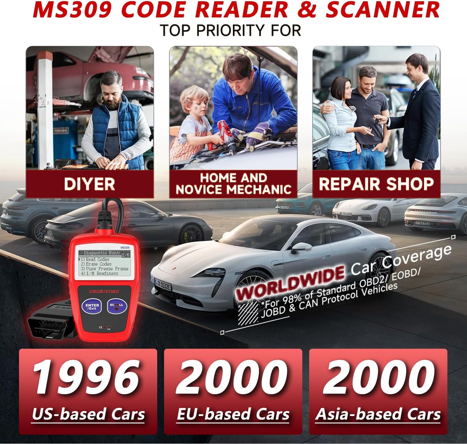 MS309 Leitor de código de problemas automotivos multilíngueCheck status de detecção de luz e emissões do motorOBD2 PODE ferramenta de diagnóstico