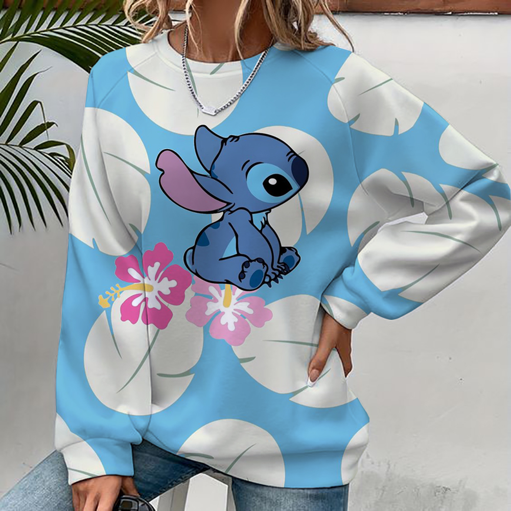 Sweat à capuche pour femmes, imprimé Disney Stitch, mode automne quotidien, manches longues, col rond, pull ample, dessin animé, Style Boho