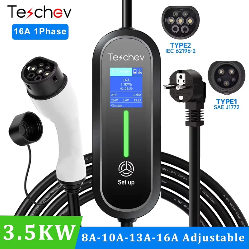 Ładowarka Teschev 3.5KW EV Typ 2 IEC 62196 Złącze 16A 1 Faza Typ 1 SAEJ1772 Wallbox Stacja Ładująca do Pojazdów Elektrycznych