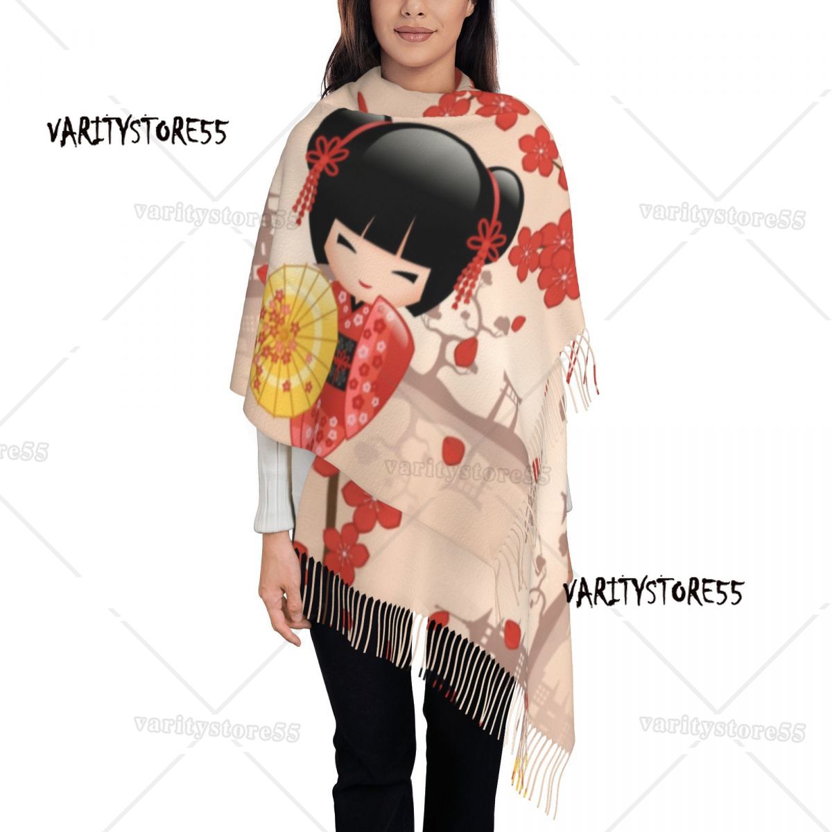 Benutzerdefinierter Druck japanischer roter Sakura Kokeshi Puppe Schal Damen Herren Winter Herbst warme Schals süße Girly Kirschblüten-Tücher Wraps