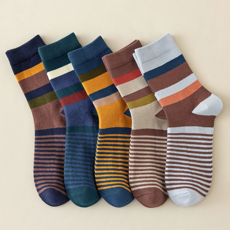 5 pares de calcetines de algodón peinado para hombre, calcetines de compresión para fiesta al aire libre, calcetines de vestir felices cuadrados y rayas coloridos a la moda para hombre