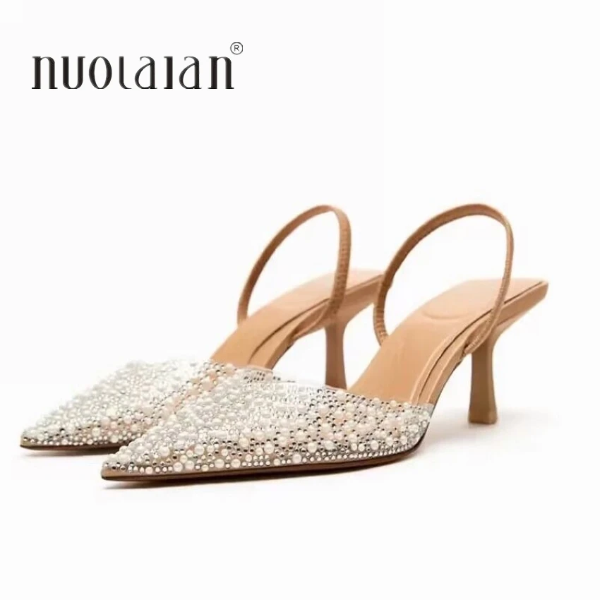 2024 แฟชั่นฤดูร้อนผู้หญิงรองเท้าส้นสูงเพิร์ลตกแต่ง Slingback ผู้หญิงปั๊มชี้ Toe รองเท้าส้นสูงรองเท้าแตะ Elegant รองเท้าผู้หญิง