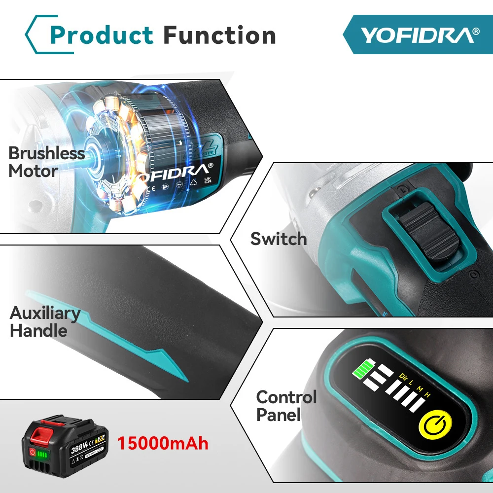 Yofidra 125mm Brushless Angle Grinder 4 Gears Cordless Grinding Machine Cutting Woodworking For Makita 18V-21V Battery Pin