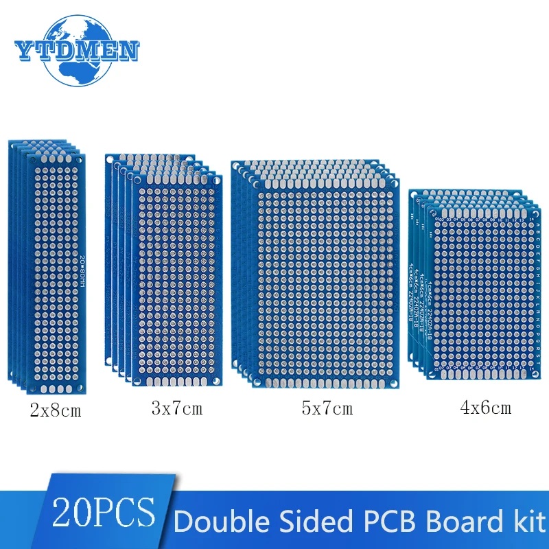 20 unids/set Kit de prototipo de placa PCB placas de circuito universales de doble cara azul 2x8 3x7 4x6 5x7cm Kit de bricolaje