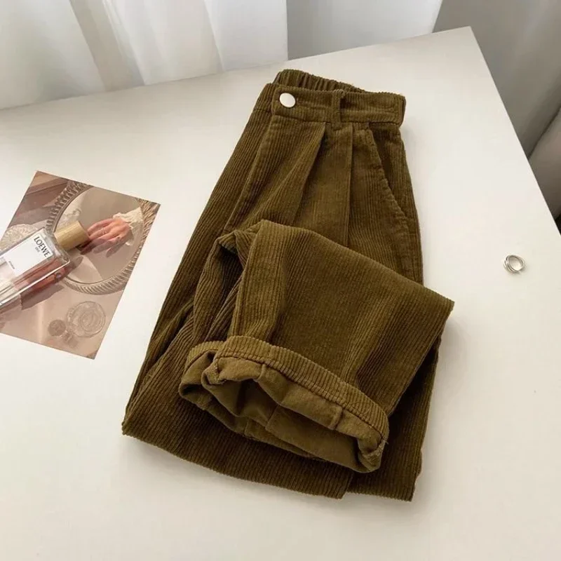 Retro High เอว Corduroy กางเกงผู้หญิงฤดูใบไม้ผลิฤดูใบไม้ร่วงตรง Causal ความยาวเต็มกางเกงเกาหลีแฟชั่น Baggy ทั้งหมดกางเกงสีดํา