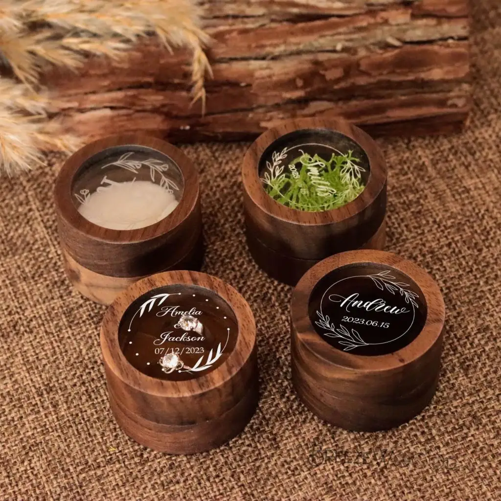 Caixa de anel de noivado de madeira personalizada, portador de anel de madeira, caixa de anel gravada com travesseiros, caixa de anel com slots duplos, caixa de proposta de madeira