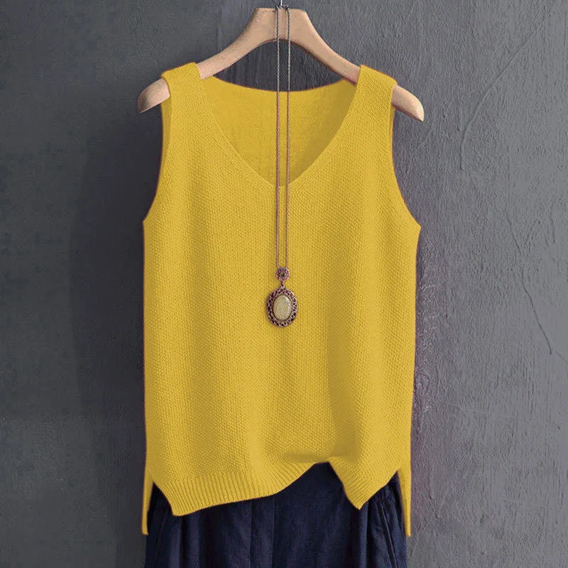 Camisola de verão colete para mulheres solto-ajuste com decote em v sem mangas de malha regata feminina casual roupa de praia