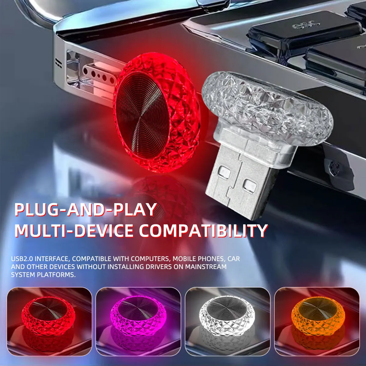 1pc Colorful Portable USB Mini LED Ambient Light for Car Interior Computer Atmosphere Lamp Plug and Play Night Light