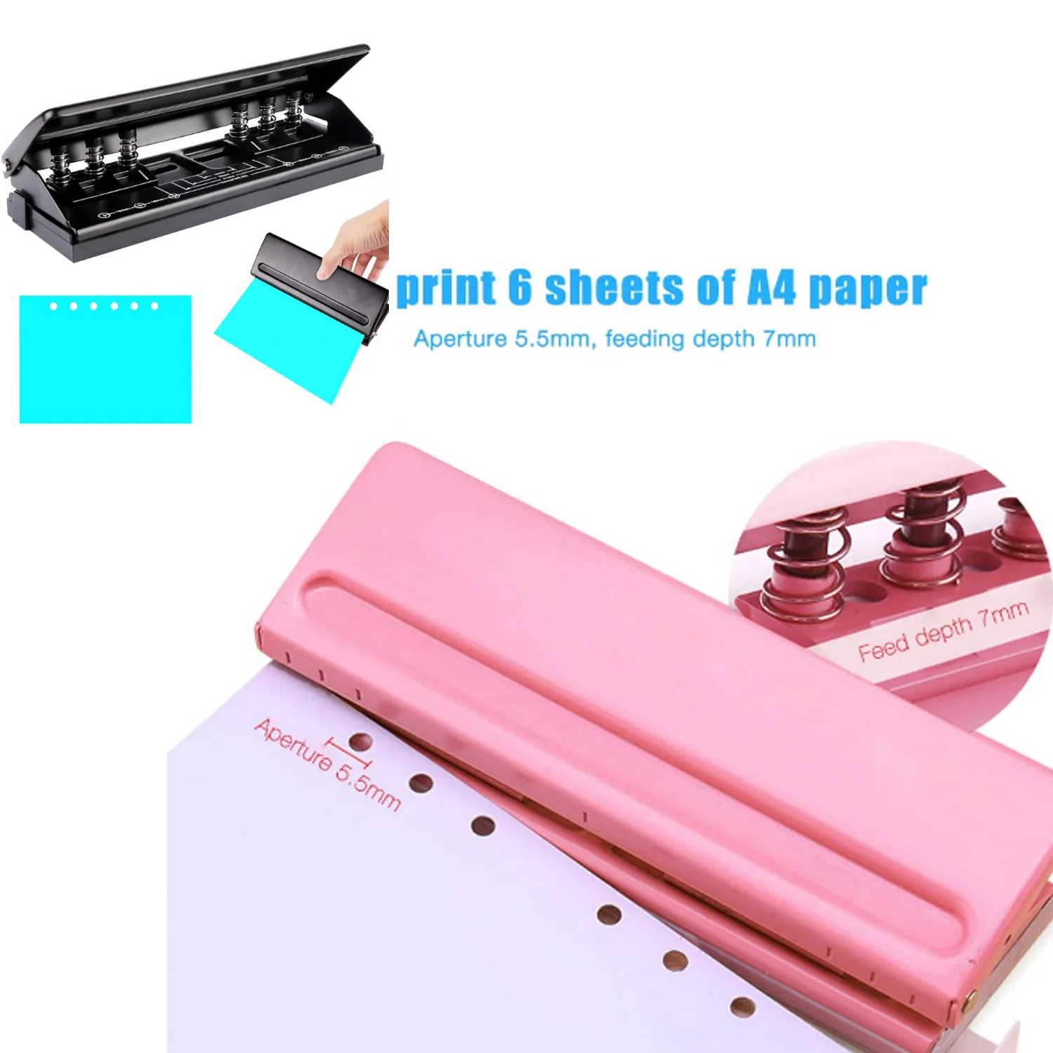6-Hole Paper Punch with Positioning Mark Adjustable  Black Pink Daily Puncher for A5 for A4 / A5 / A6 / Personal/Pocket Size