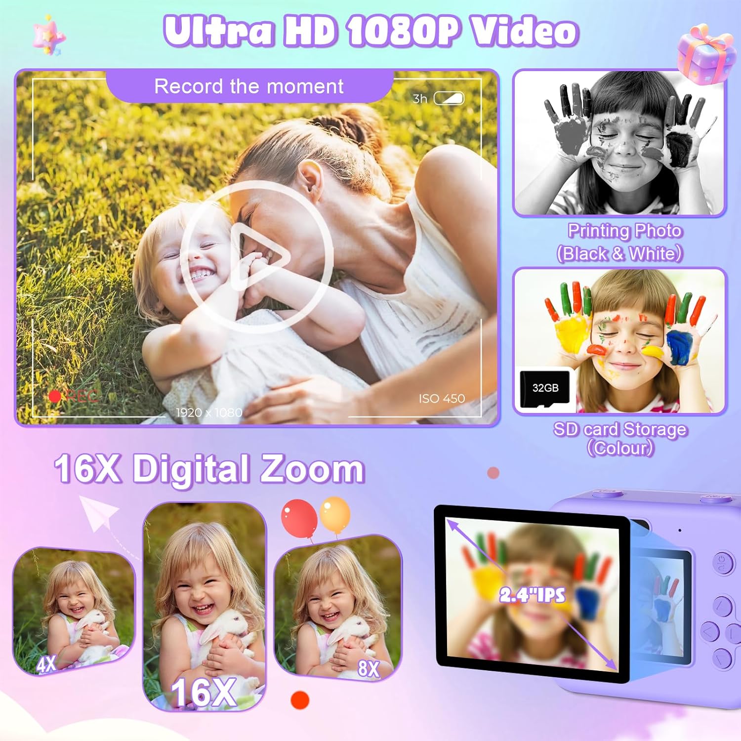 Câmera térmica de impressão instantânea com cartão 32G para crianças, mini câmera de vídeo digital HD, brinquedos educativos para meninos e meninas, presente de Halloween, 1080p